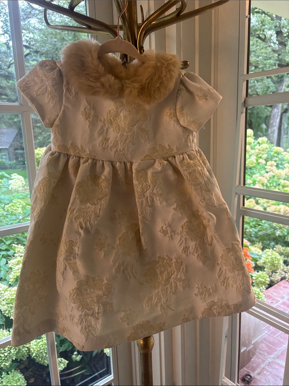 Janie and Jack- Ivory Floral Brocade Girls Dress with Faux Fur Collar